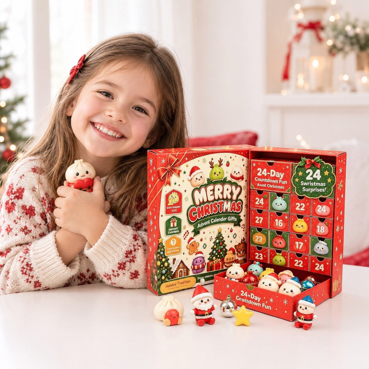 Petite fille souriante avec un squishy devant son calendrier de l'Avent de Noël