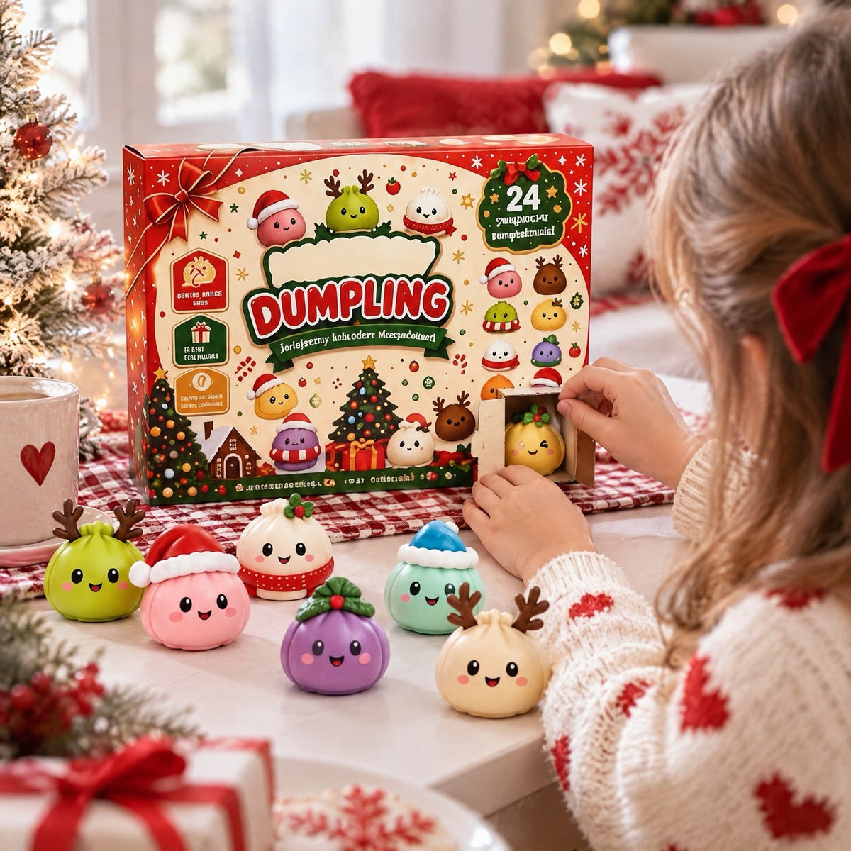 Enfant qui ouvre une case d'un calendrier de l'Avent sans chocolat rempli de squishies raviolis