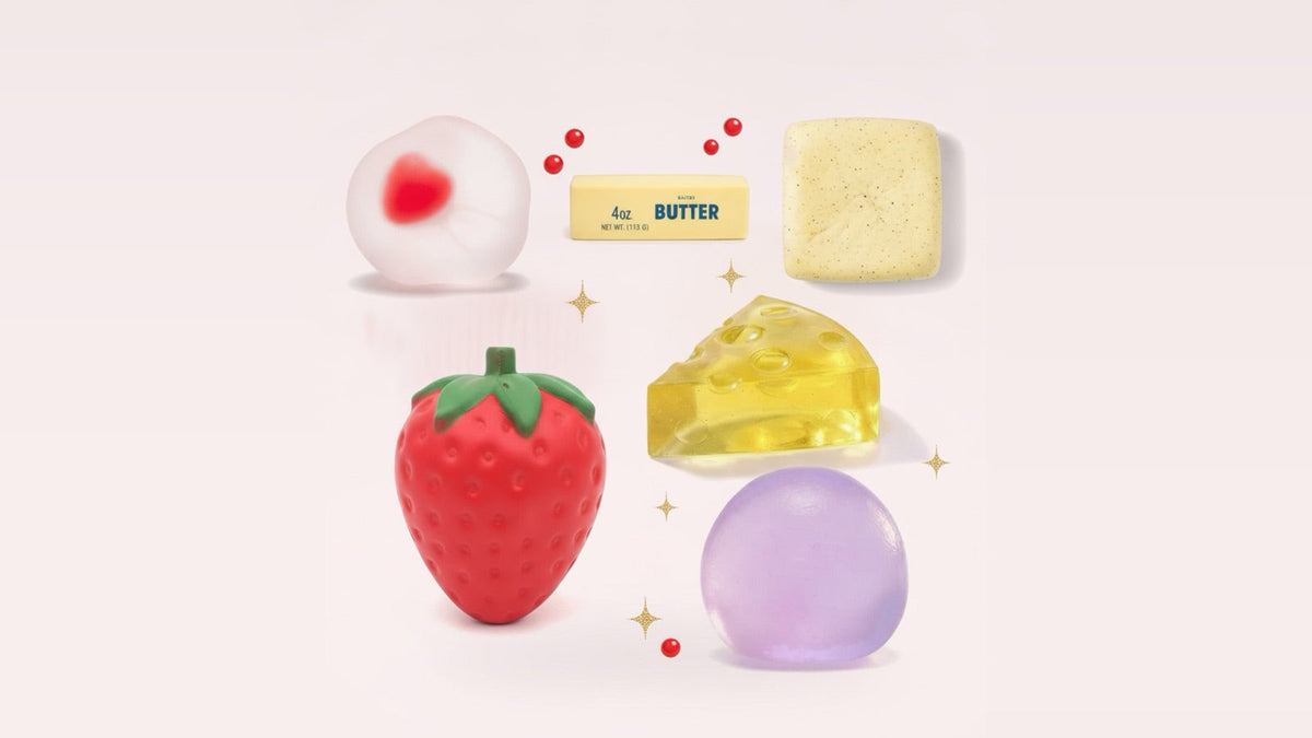 Squishies en forme de gourmandises : fraise, fromage, beurre et mochis