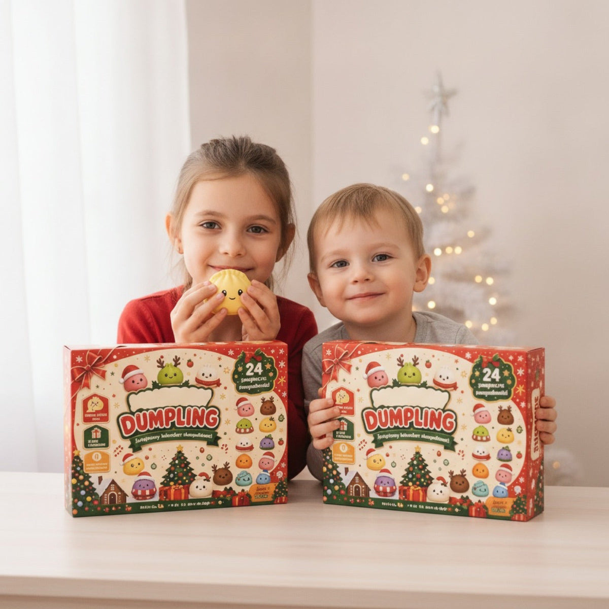 Frère et sœur, chacun devant son propre calendrier de l'Avent de squishies