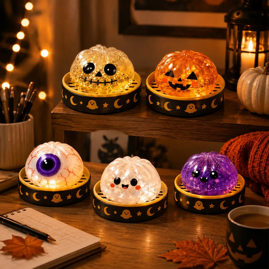 Squishies raviolis d'Halloween : œil, fantôme, tête de mort et citrouille à paillettes