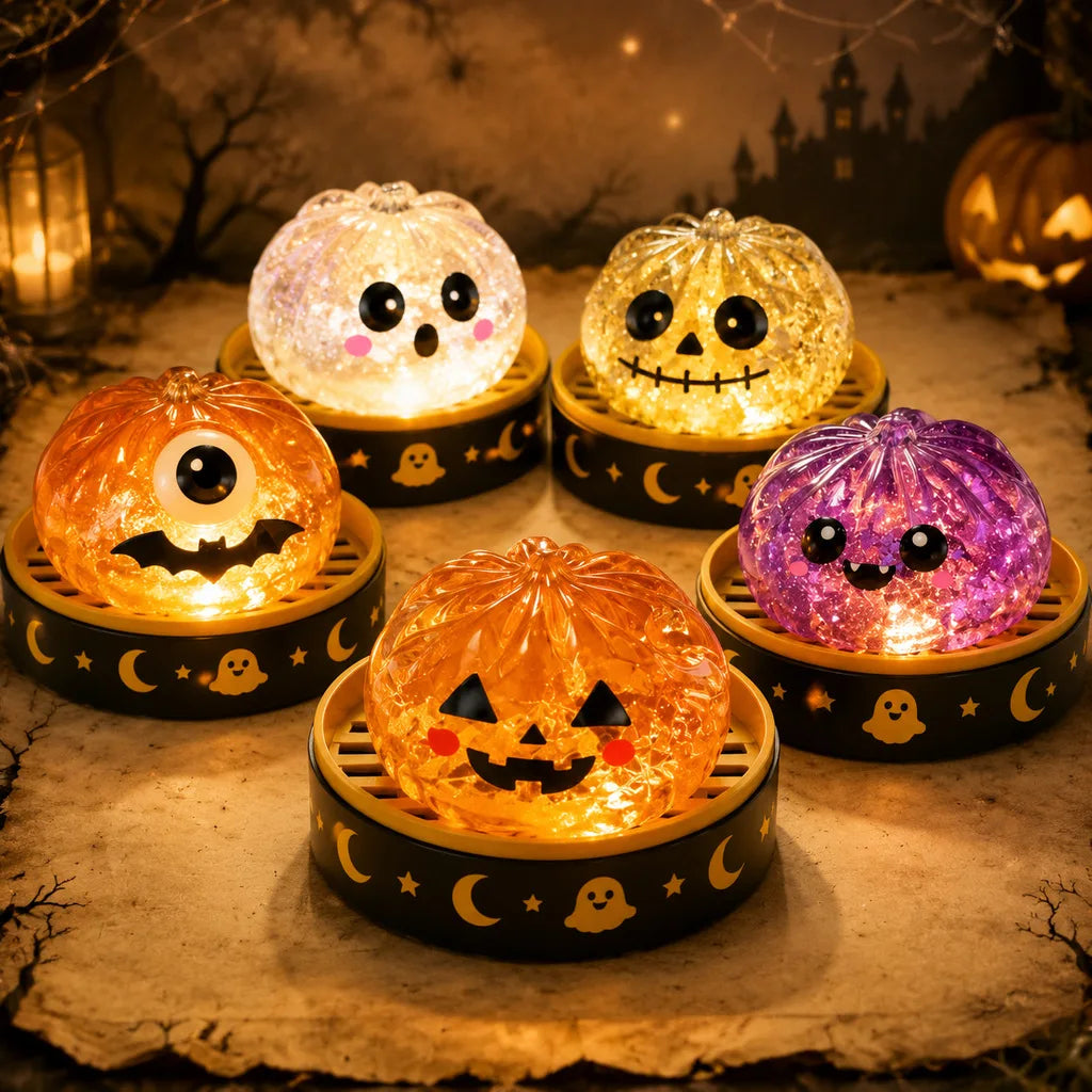 Squishies raviolis d'Halloween lumineux : citrouille, fantôme, cyclope et tête de mort