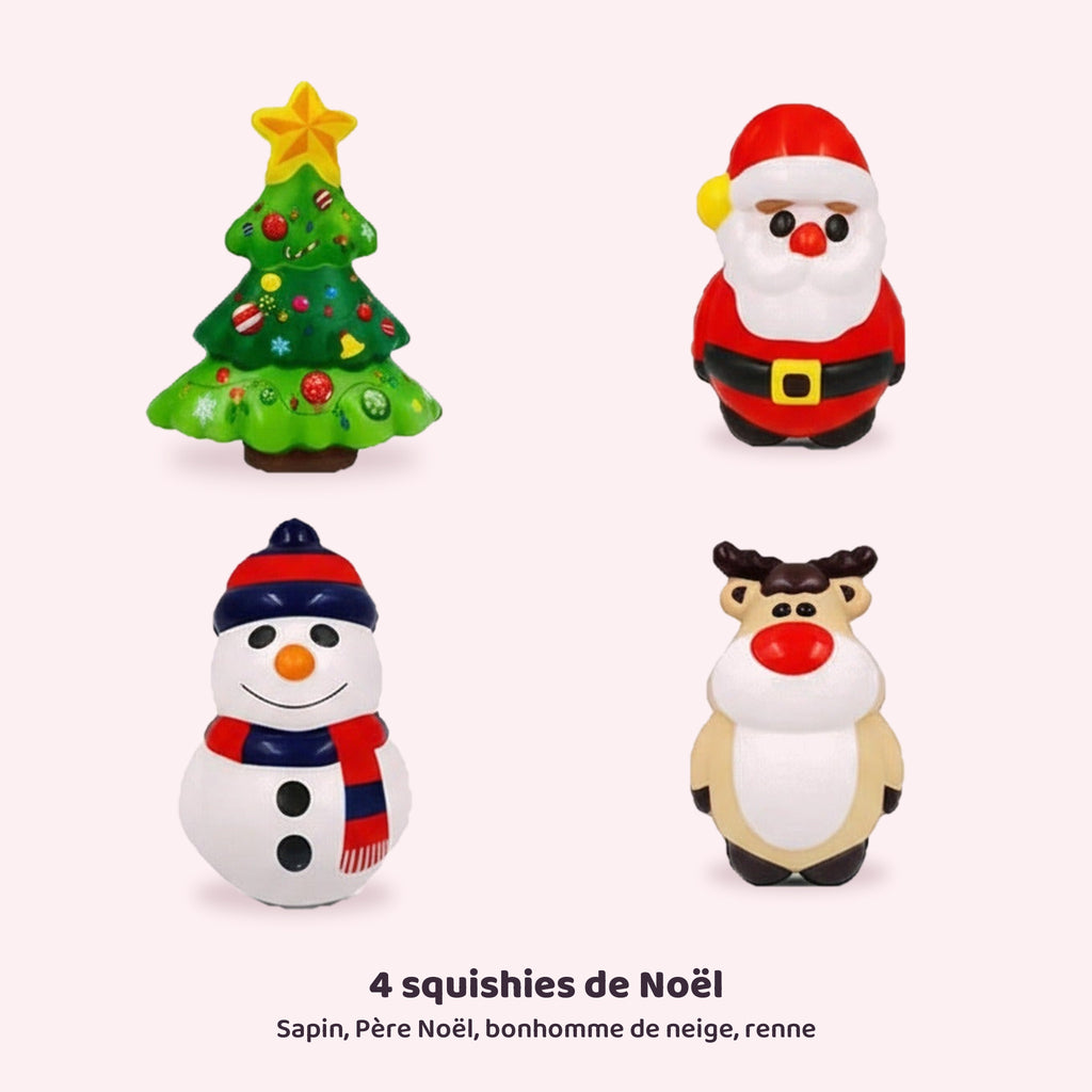 Lot de 4 squishies de Noël : sapin, Père Noël, bonhomme de neige et renne