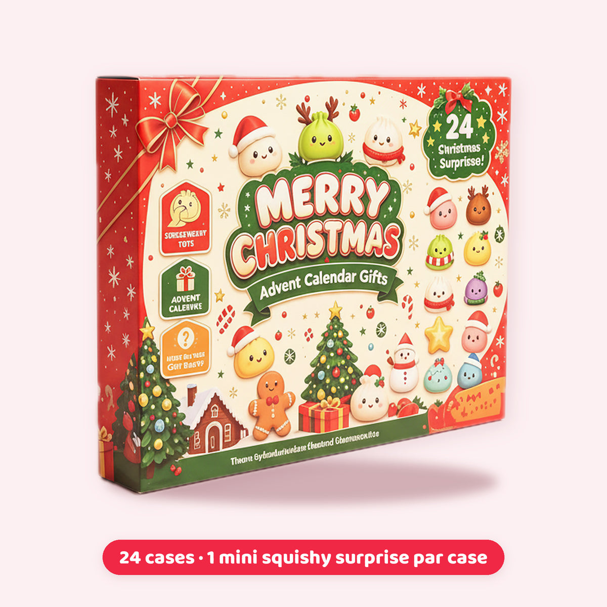 Calendrier de l'Avent squishy Merry Christmas – 24 cases, 1 mini squishy surprise par case