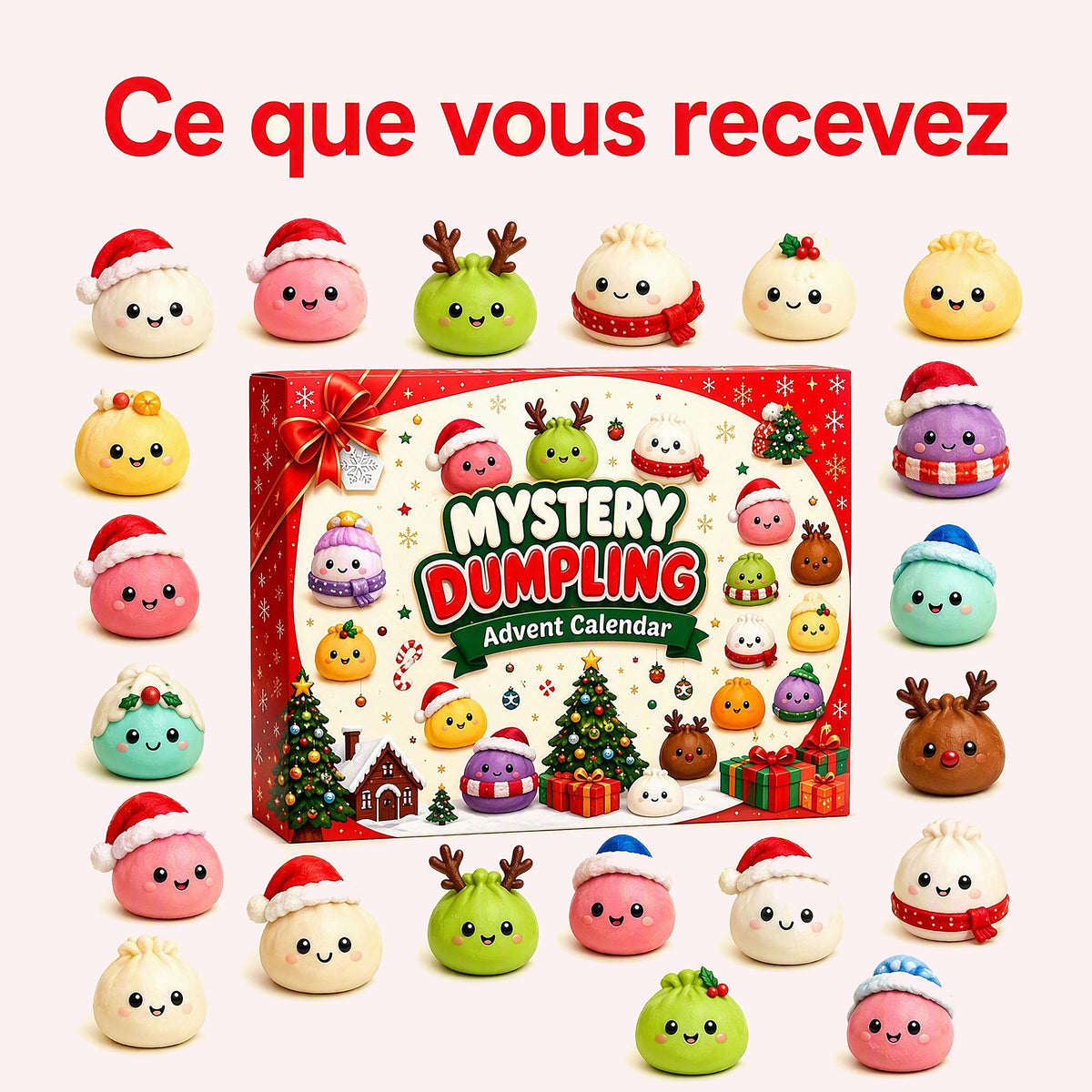 Ce que vous recevez – calendrier de l'Avent Mystery Dumpling, 24 squishies raviolis