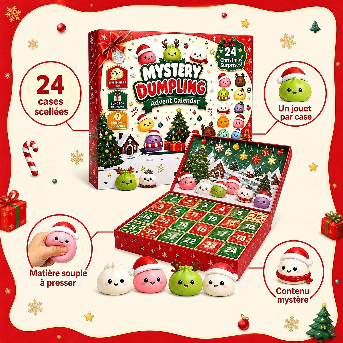 Caractéristiques – calendrier de l'Avent Mystery Dumpling, 24 squishies raviolis
