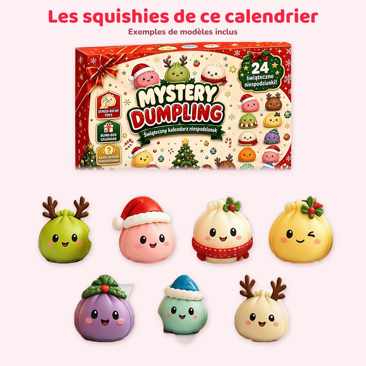 Le contenu du calendrier de l'Avent Mystery Dumpling : la boîte et les squishies raviolis