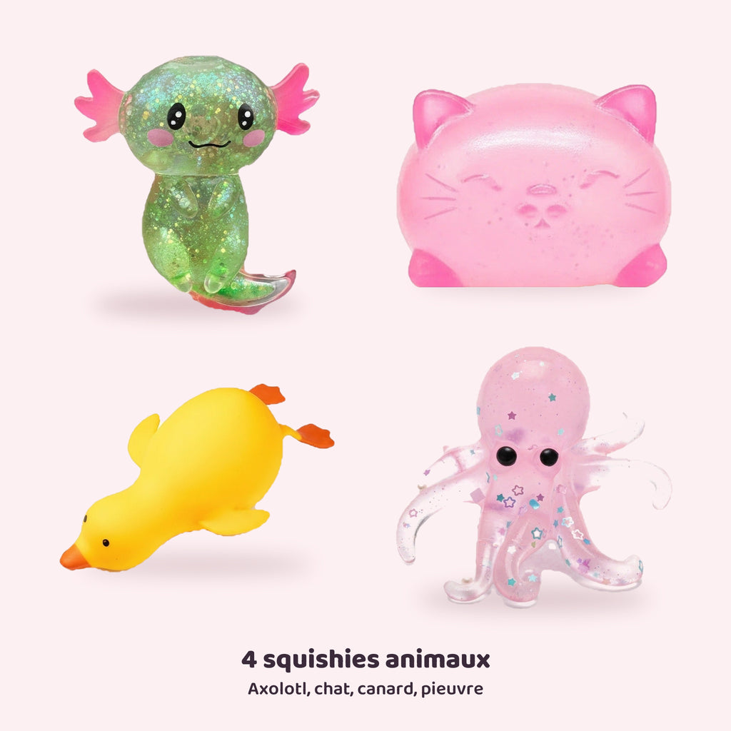 Pack de 4 squishies animaux : axolotl, chat, canard et pieuvre