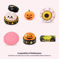 Pack Halloween de 6 squishies : fantôme, citrouille, œil, cerveau, ravioli pailleté et bâton de beurre