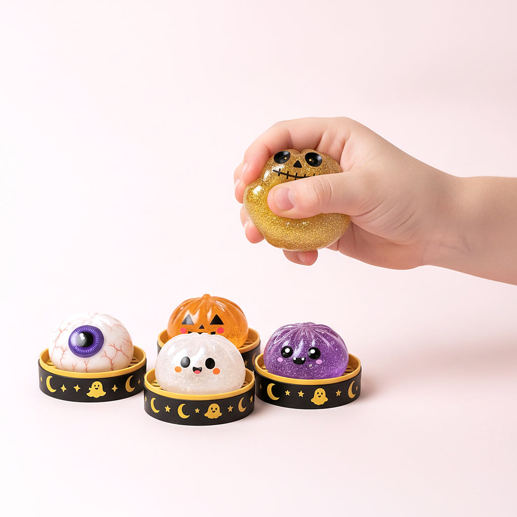 Squishy Halloween phosphorescent pressé dans une main d'enfant pour montrer sa taille