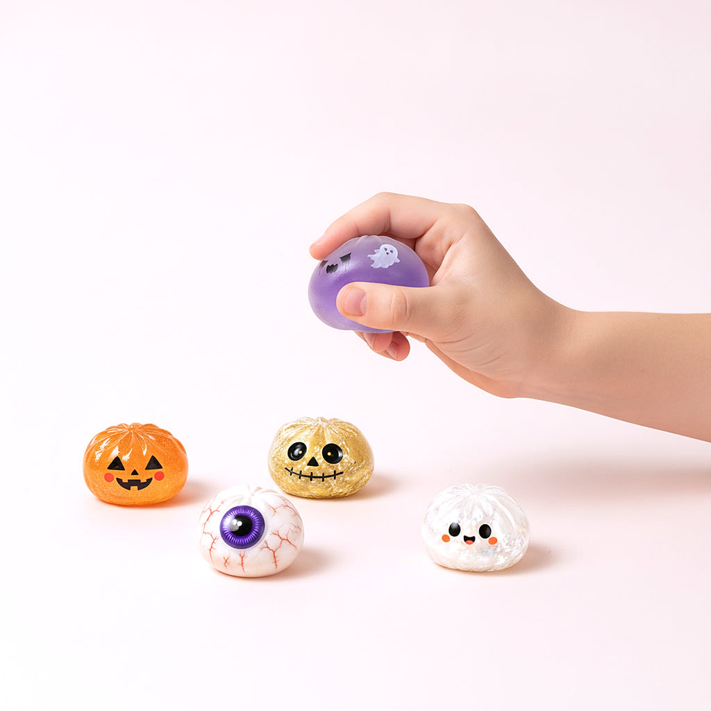 Squishy Fantôme d'Halloween tenu dans une main d'enfant pour montrer sa taille