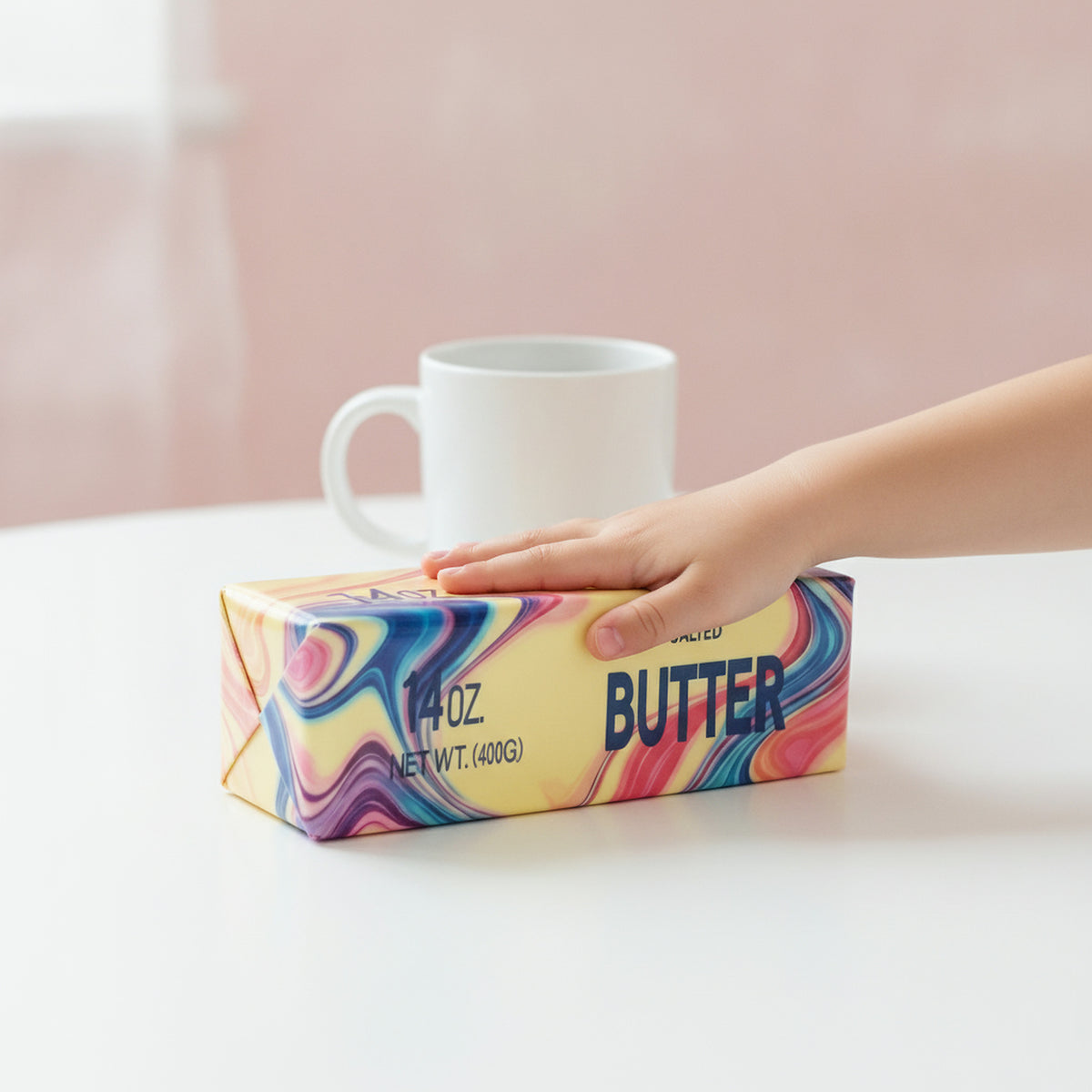 Squishy géant bâton de beurre de 23 cm avec une main d'enfant et une tasse pour montrer sa taille