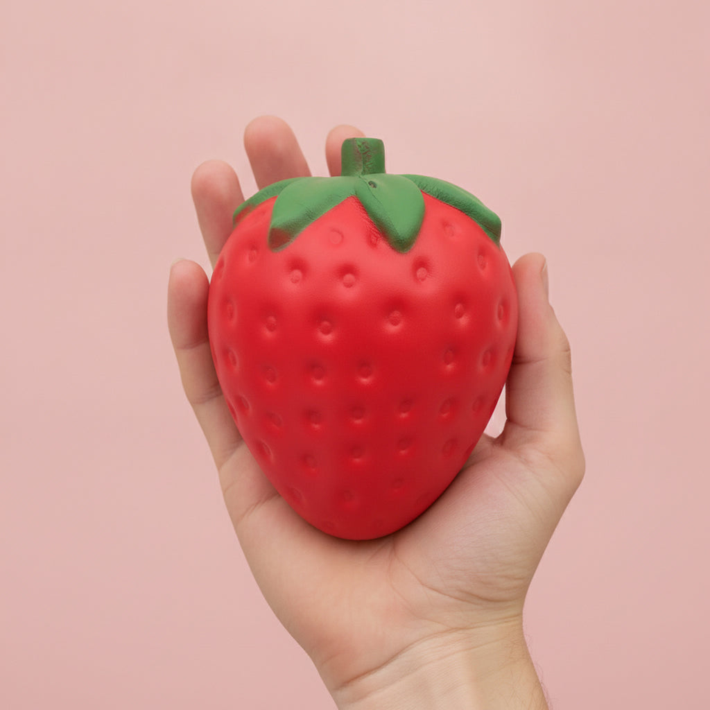 Squishy géant fraise tenue dans la paume d'une main pour montrer sa taille