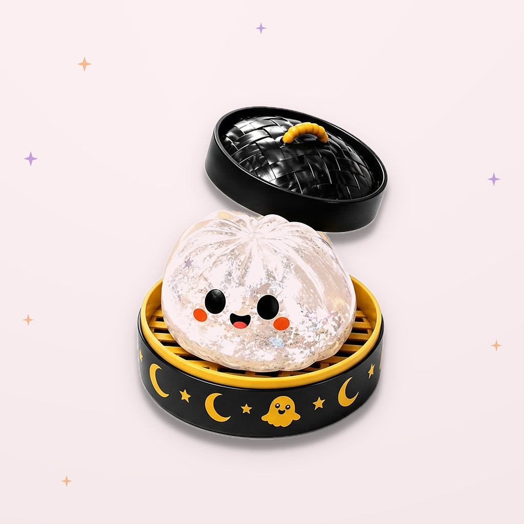 Squishy Ravioli d'Halloween brillant dans son panier vapeur, fond rose