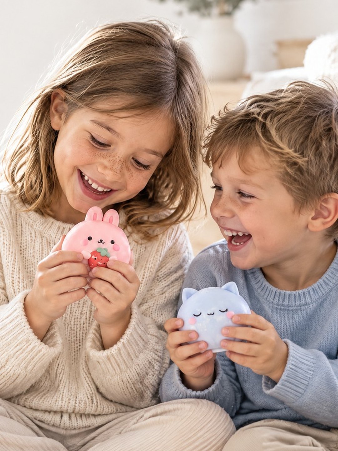 Frère et sœur qui rient avec leurs squishies