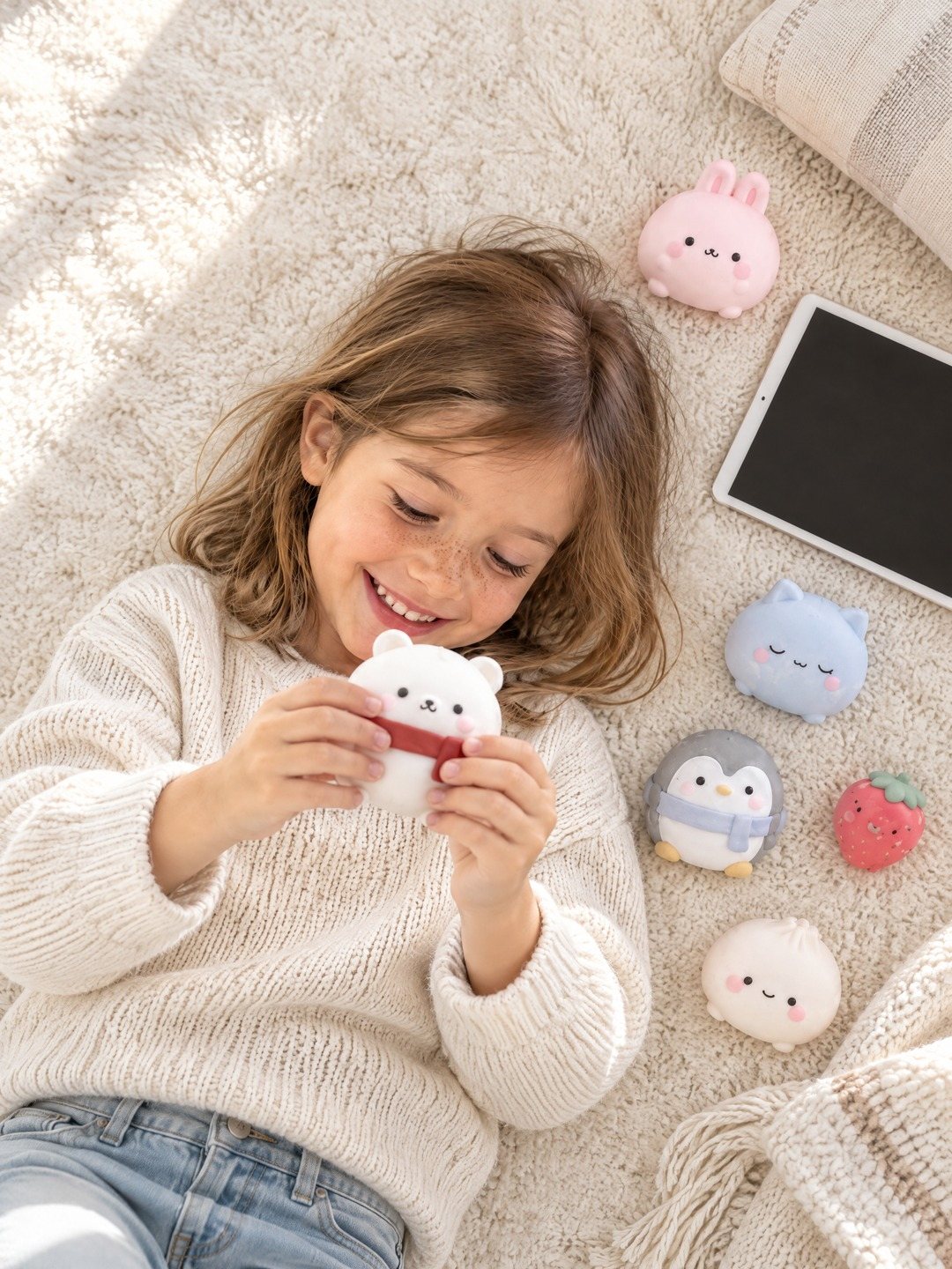 Enfant qui joue avec un squishy, tablette posée à côté