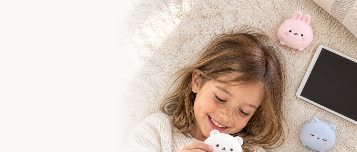 Enfant qui joue avec un squishy, tablette posée à côté